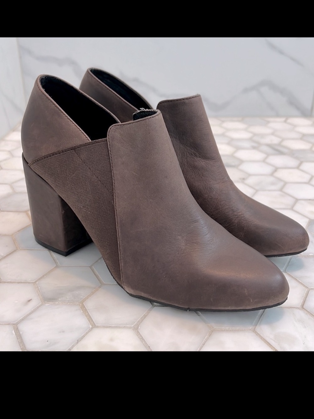Adam Tucker Brown Leather Zayna Stacked Block Heel Boot Booties